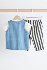 Next Baby Pamuklu Gülen Desenli Kısa Kollu Denim Yelek Çizgili Jogger Pantolon 3’lü Alt Üst Takım