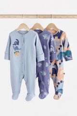 Next Baby % 100 Pamuklu Mavi Dinazor Desenli 3’lü Tulum Set