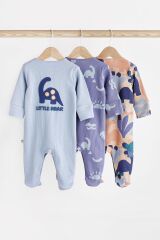 Next Baby % 100 Pamuklu Mavi Dinazor Desenli 3’lü Tulum Set
