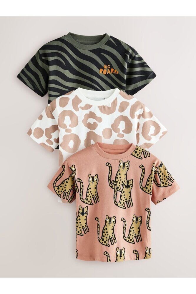 %100 Pamuklu Animal Baskı Kısa Kollu 3'lü Thsirt Set
