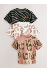 %100 Pamuklu Animal Baskı Kısa Kollu 3'lü Thsirt Set