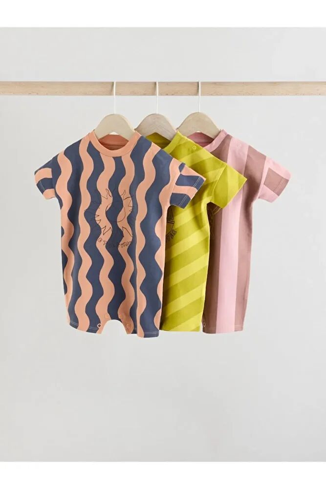 % 100 Pamuklu Kahverengi Çizgili 3'lü Romper Set