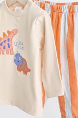 Next Baby % 100 Pamuklu Turuncu Parlak Dino Desenli Uzun Kollu Alt Üst Takım