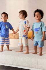 Next Baby % 100 Pamuklu Mavi Balina Desenli Kısa Kollu Şortlu 3’lü Alt Üst Takım
