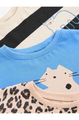 %100 Pamuklu Mavi Animal Baskı Kısa Kollu 3'lü Thsirt Set