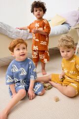 Next Baby Turuncu Mavi Sarı Palmiye Desenli Kısa Kollu Şortlu 3’lü Alt Üst Takım