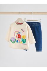 Pamuklu Krem Mavi Çiçek Desenli Uzun Kollu Alt Üst Takım