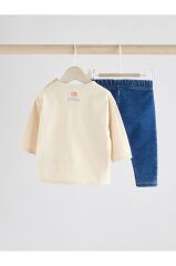 Pamuklu Krem Mavi Çiçek Desenli Uzun Kollu Alt Üst Takım