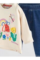 Pamuklu Krem Mavi Çiçek Desenli Uzun Kollu Alt Üst Takım