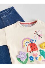 Pamuklu Krem Mavi Çiçek Desenli Uzun Kollu Alt Üst Takım