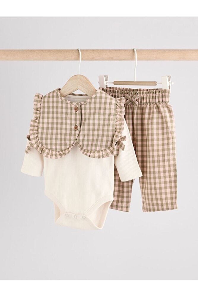 Pamuklu Yeşil Gingham Uzun Kollu Yelekli Alt Üst 3'lü Takım