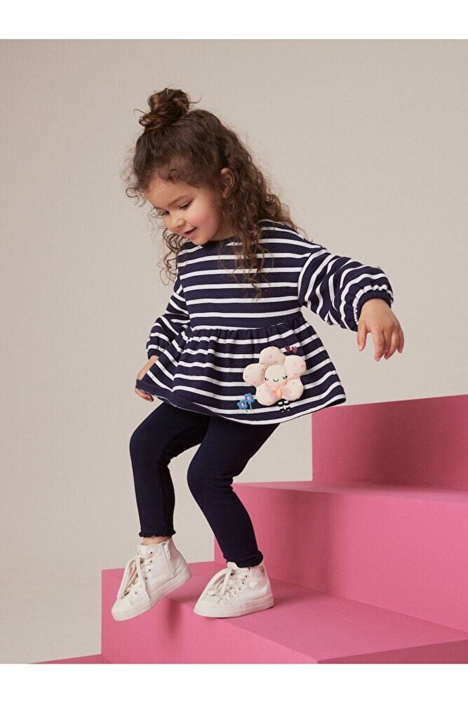 Pamuklu Lacivert Çizgili Çiçek Desenli Uzun Kollu Alt Üst Takım