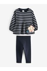 Pamuklu Lacivert Çizgili Çiçek Desenli Uzun Kollu Alt Üst Takım