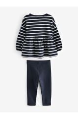 Pamuklu Lacivert Çizgili Çiçek Desenli Uzun Kollu Alt Üst Takım