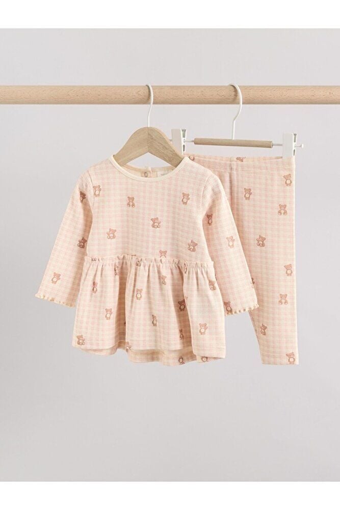 Pembe Gingham Ayı Baskılı Uzun Kollu Alt Üst Takım