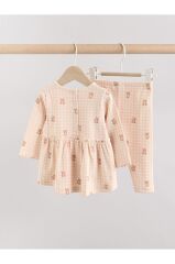 Pembe Gingham Ayı Baskılı Uzun Kollu Alt Üst Takım