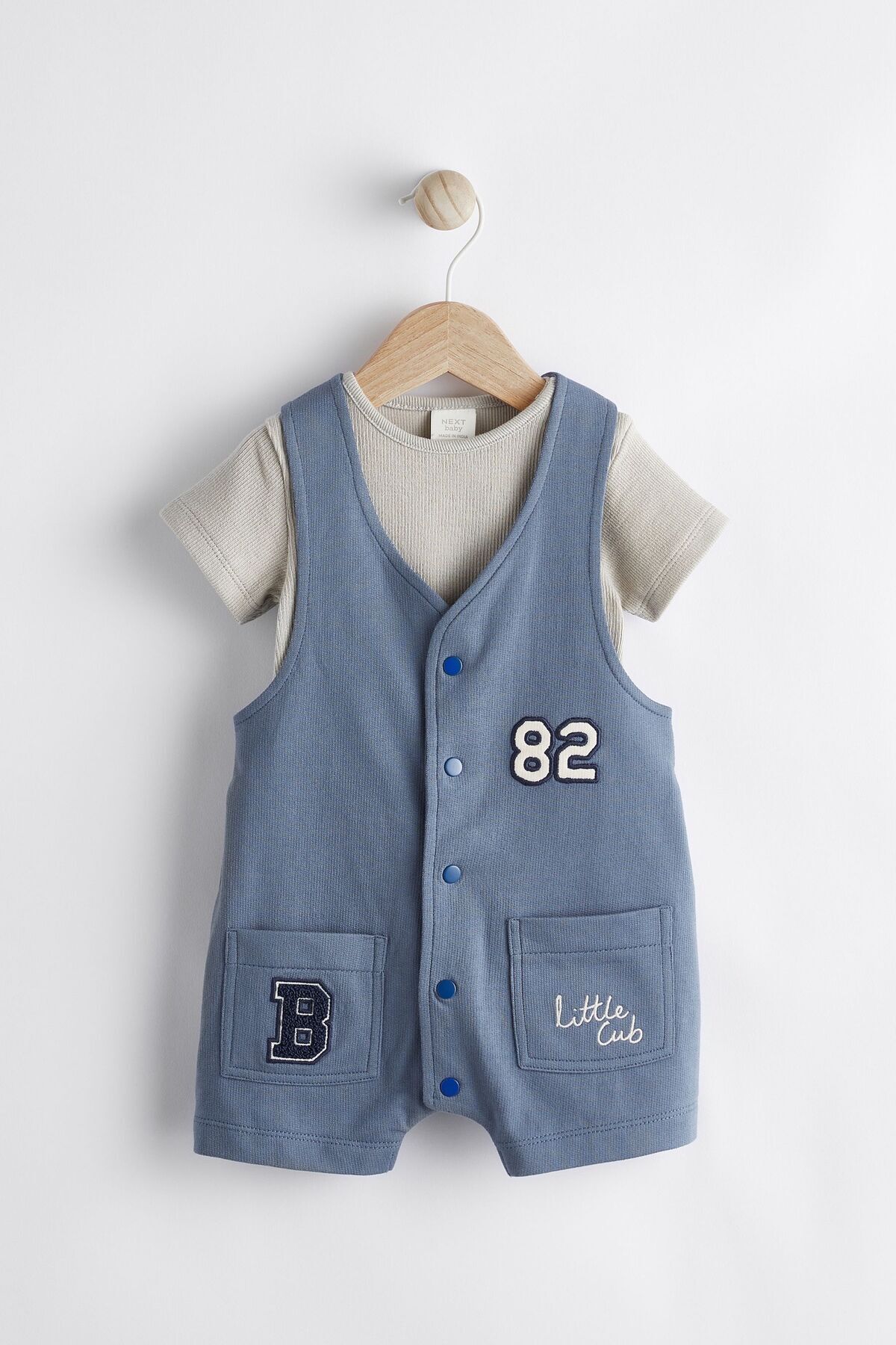 Next Baby % 100 Pamuklu Mavi Cepli Salopet Gri Body Zıbın 2’li Set