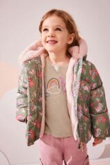 Next Baby Yeşil Unicorn Desenli Tam Polar Astarlı Kapüşonlu Mont