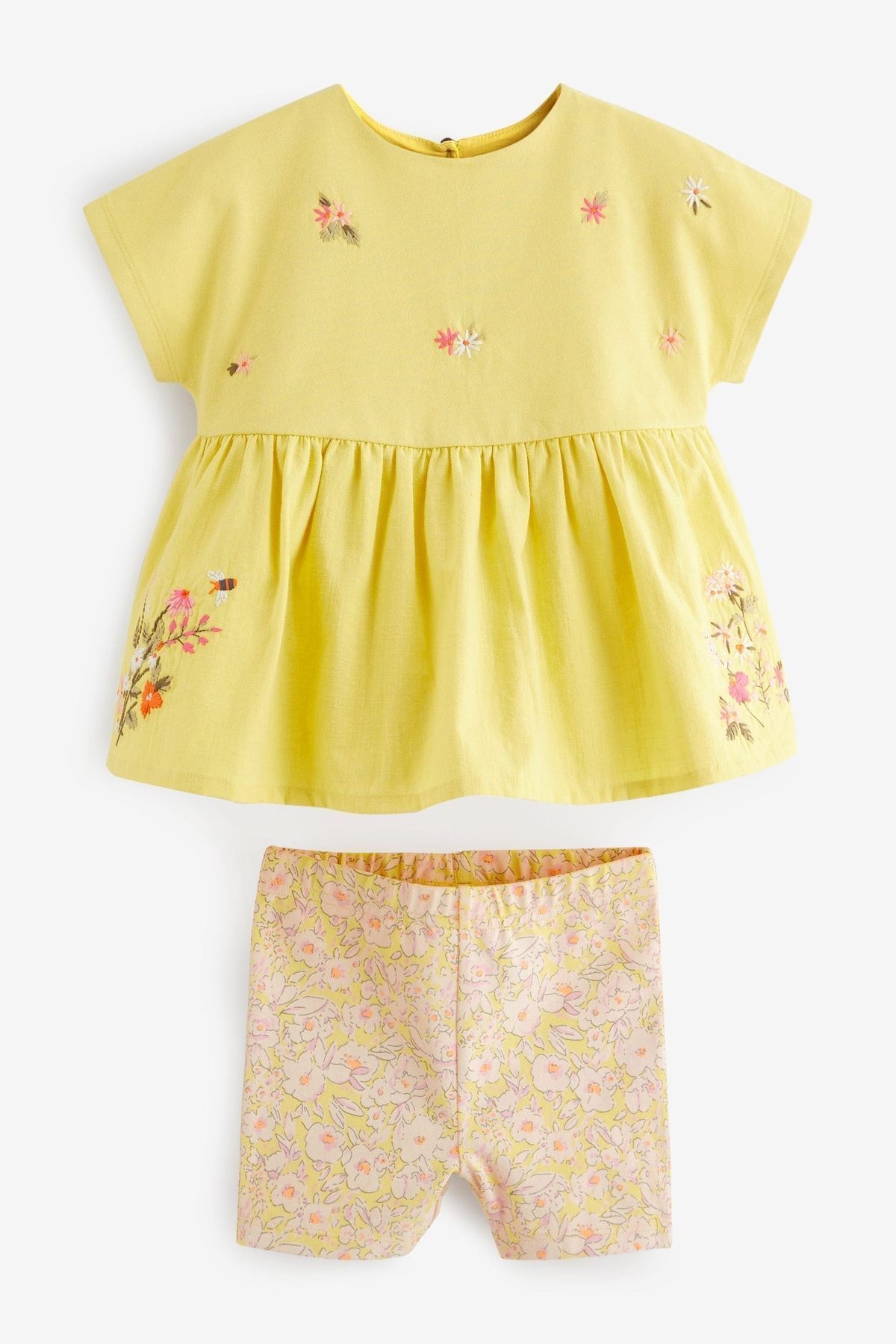 Next Baby Pamuklu Sarı Çiçek Desenli Kısa Kollu Taytlı Alt Üst Takım
