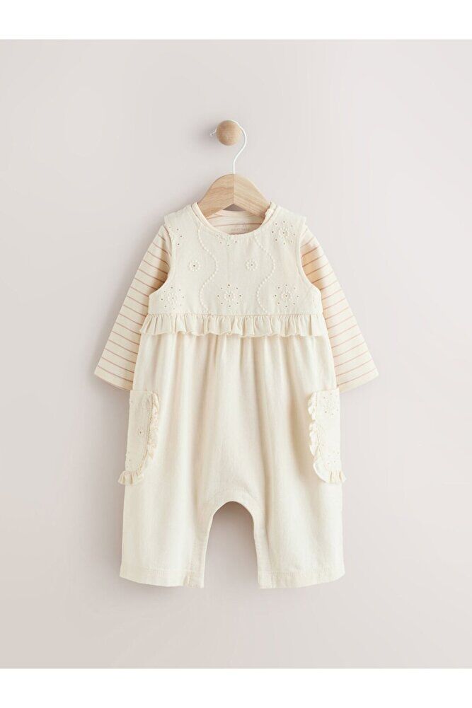 % 100 Pamuklu Krem Fırfırlı Salopet Body Zıbın Set