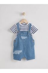 Pamuklu Mavi Denim Timsah Desenli Salopet Body Zıbın Set