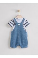 Pamuklu Mavi Denim Timsah Desenli Salopet Body Zıbın Set