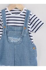 Pamuklu Mavi Denim Timsah Desenli Salopet Body Zıbın Set