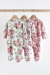 Next Baby Pamuklu Pembe Çiçek Desenli Fermuarlı 3’lü Tulum Set