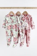 Next Baby Pamuklu Pembe Çiçek Desenli Fermuarlı 3’lü Tulum Set