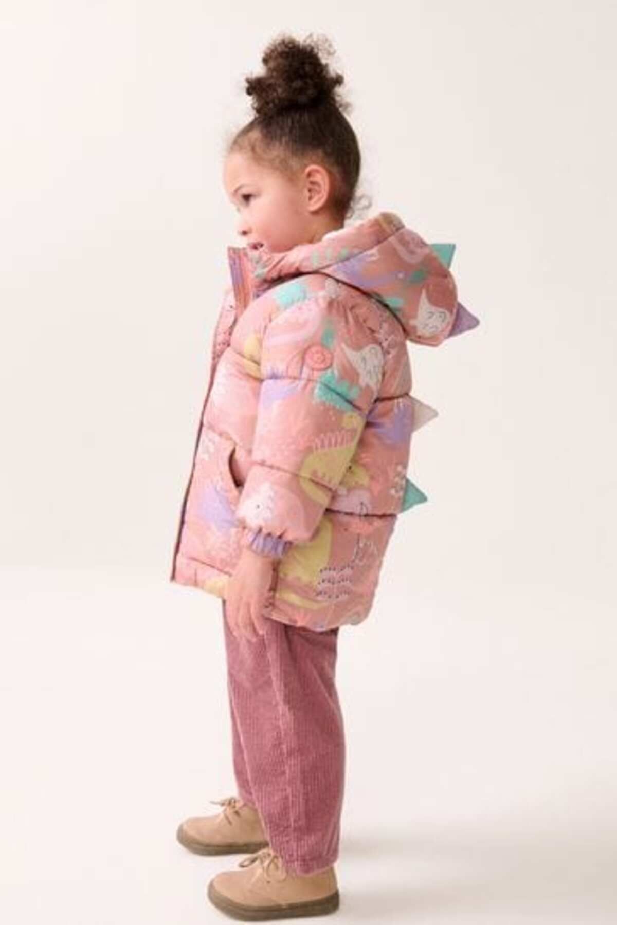 Next Baby Pembe Dinozor Desenli Kapüşonlu Suya Dayanıklı Tam Polar Astarlı Mont