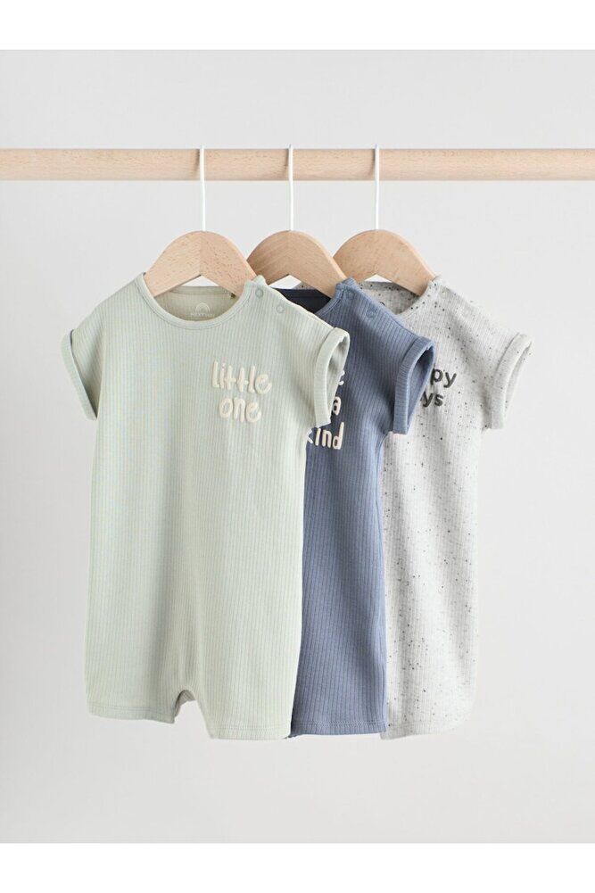 %100 Pamuklu Mavi Gri Baskılı 3'lü Romper Set