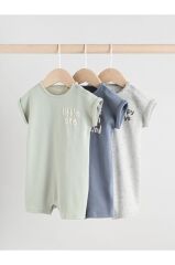 %100 Pamuklu Mavi Gri Baskılı 3'lü Romper Set