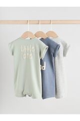 %100 Pamuklu Mavi Gri Baskılı 3'lü Romper Set