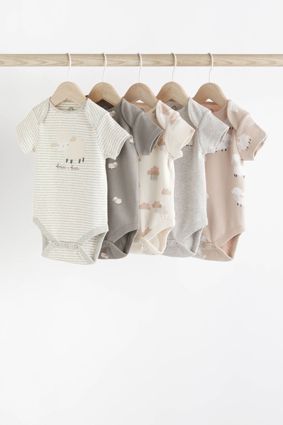 Next Baby % 100 Pamuklu Gri Koyun Desenli Kısa Kollu 5’li Bebek Body Zıbın Set