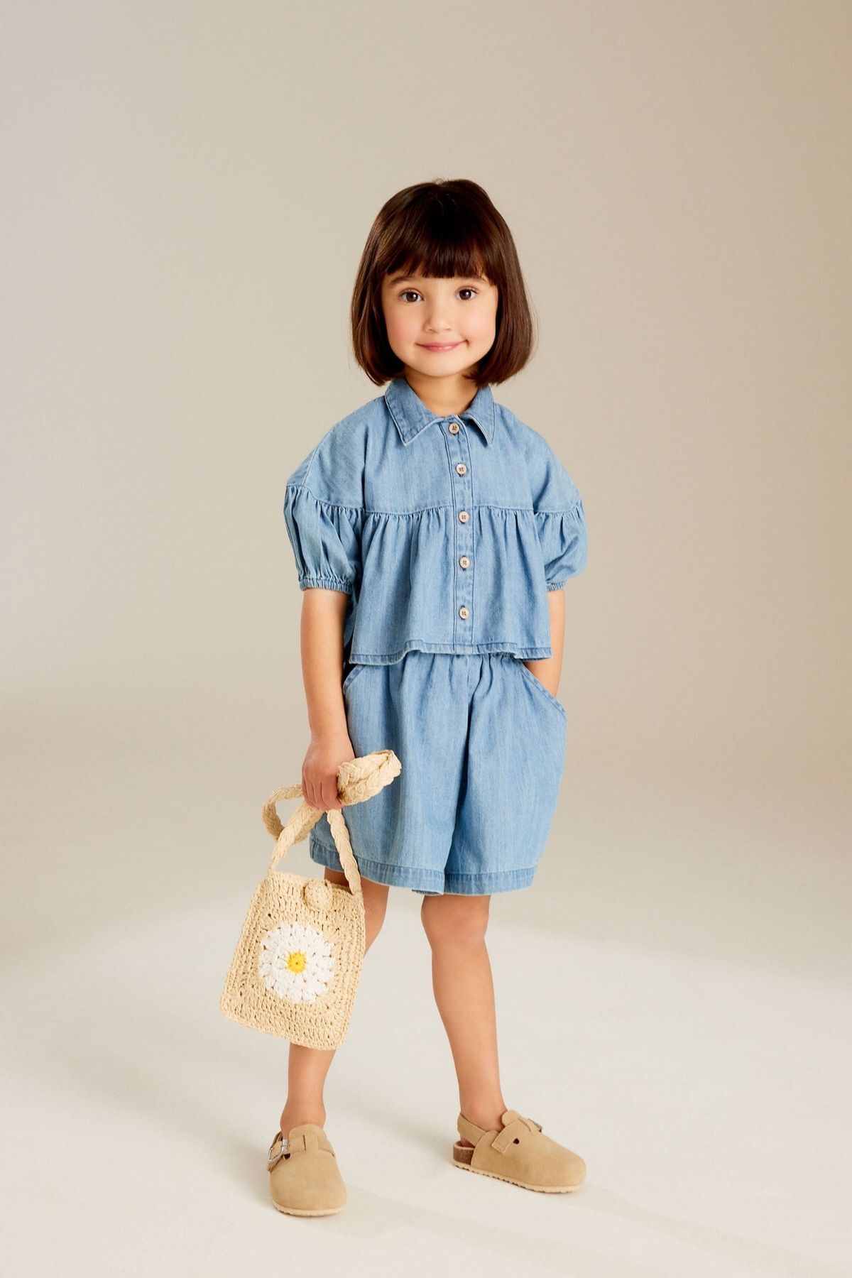 Next Baby % 100 Pamuklu Blue Denim Gömlek Şort Alt Üst Takım