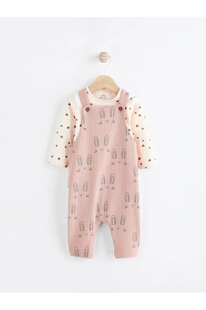 Pamuklu Pembe Tavşan Desenli Salopet Body Zıbın Set