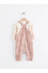 Pamuklu Pembe Tavşan Desenli Salopet Body Zıbın Set