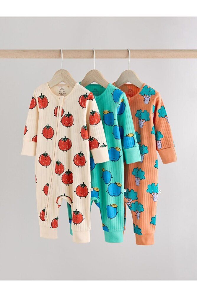 % 100 Pamuklu Krem Turuncu Sebze Desenli 3'lü Tulum Set