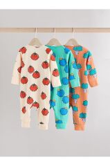 % 100 Pamuklu Krem Turuncu Sebze Desenli 3'lü Tulum Set