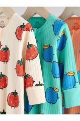 % 100 Pamuklu Krem Turuncu Sebze Desenli 3'lü Tulum Set