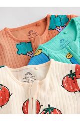 % 100 Pamuklu Krem Turuncu Sebze Desenli 3'lü Tulum Set