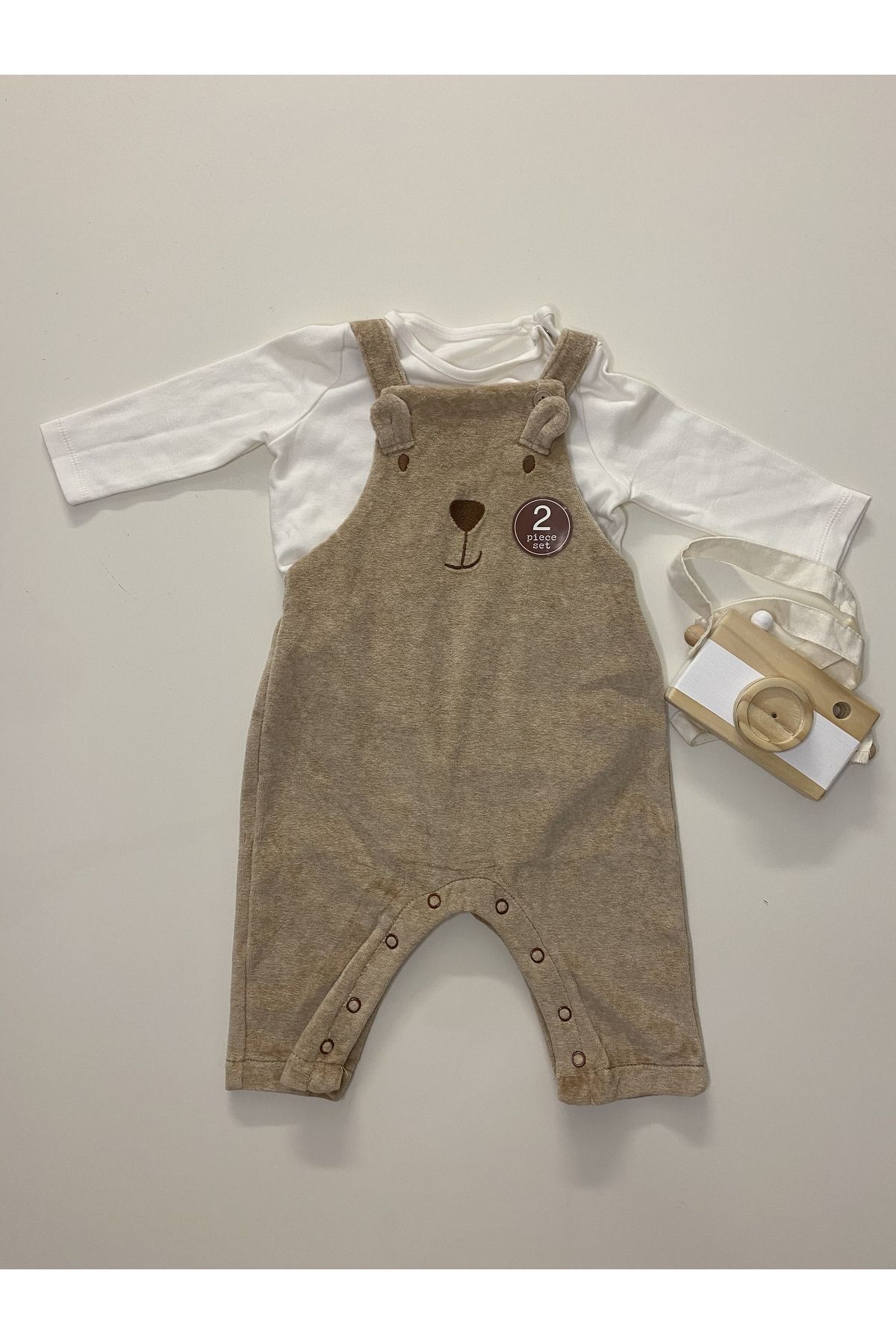 Next Baby % 100 Pamuklu Krem Ayıcık Desenli Salopet Body Zıbın Set