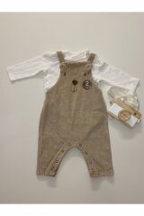 Next Baby % 100 Pamuklu Krem Ayıcık Desenli Salopet Body Zıbın Set