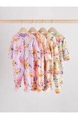 %100 Pamuklu Pembe Çiçek Desenli 4'lü Tulum Set