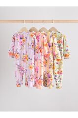 %100 Pamuklu Pembe Çiçek Desenli 4'lü Tulum Set