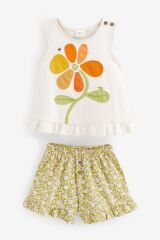 Next Baby % 100 Pamuklu Krem Çiçekli Şortlu Alt Üst Takım