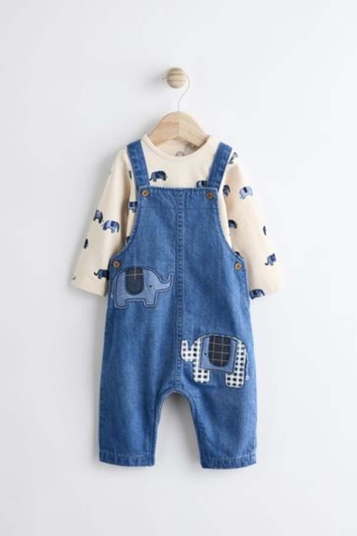 Next Baby Pamuklu Mavi Fil Desenli Bebek Kot  Body  Zıbın Salopet Takımı