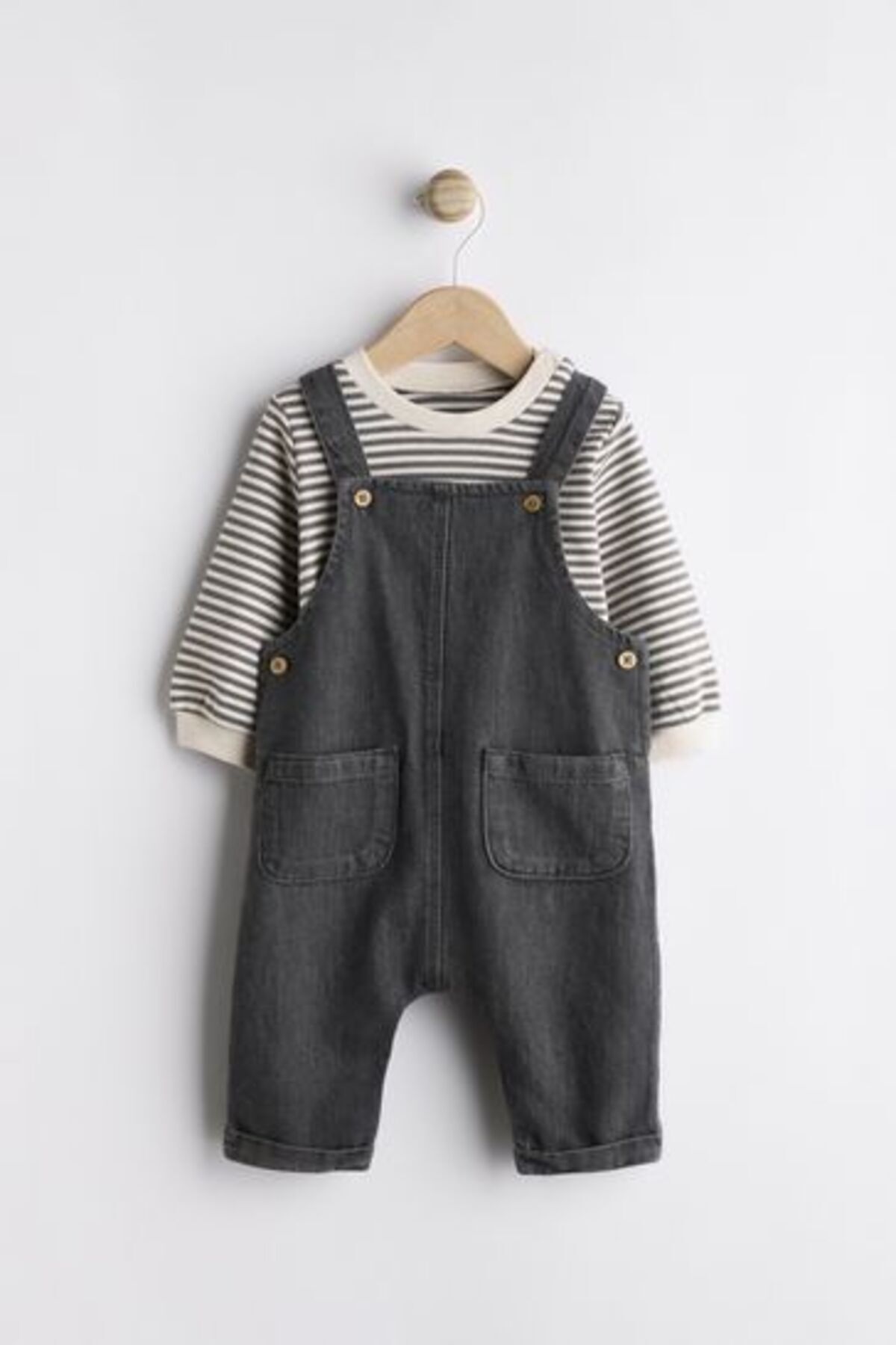 Next Baby Pamuklu Siyah Denim Salopet Body Zıbın Set