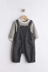 Next Baby Pamuklu Siyah Denim Salopet Body Zıbın Set