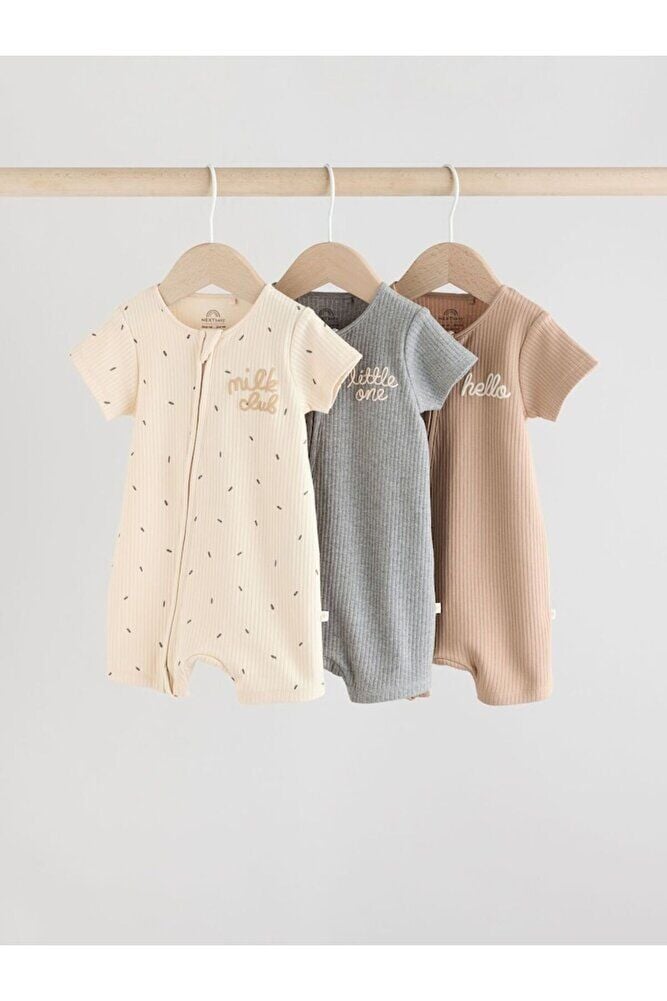 % 100 Pamuklu Krem Kahve 3'lü Romper Set